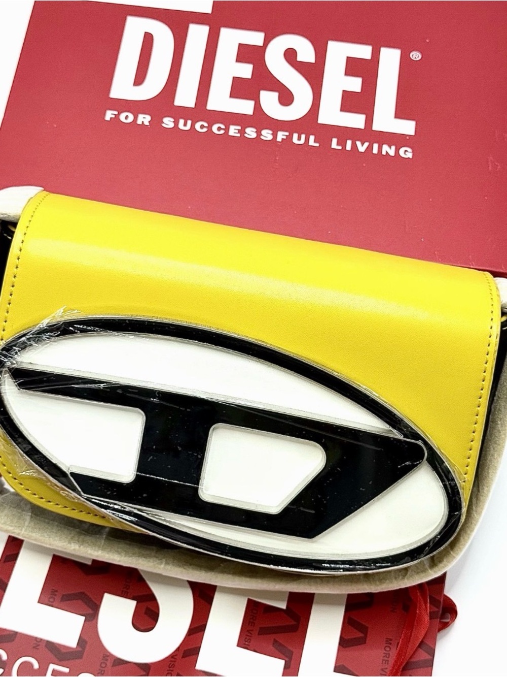 Diesel Yellow Leather Crossbody with Black & White Logo Plaque